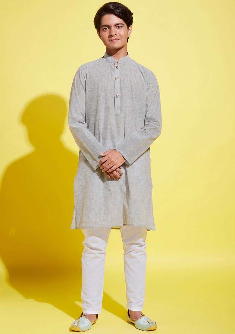 Boys Grey Pure Cotton Kurta With Trouser - Indya
