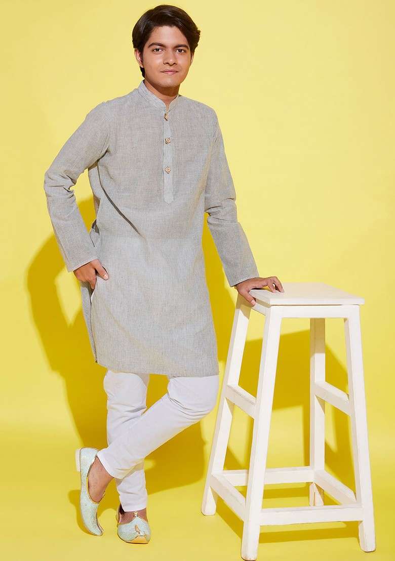 Boys Grey Pure Cotton Kurta With Trouser - Indya