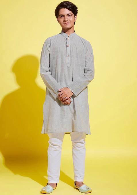 Boys Grey Pure Cotton Kurta With Trouser