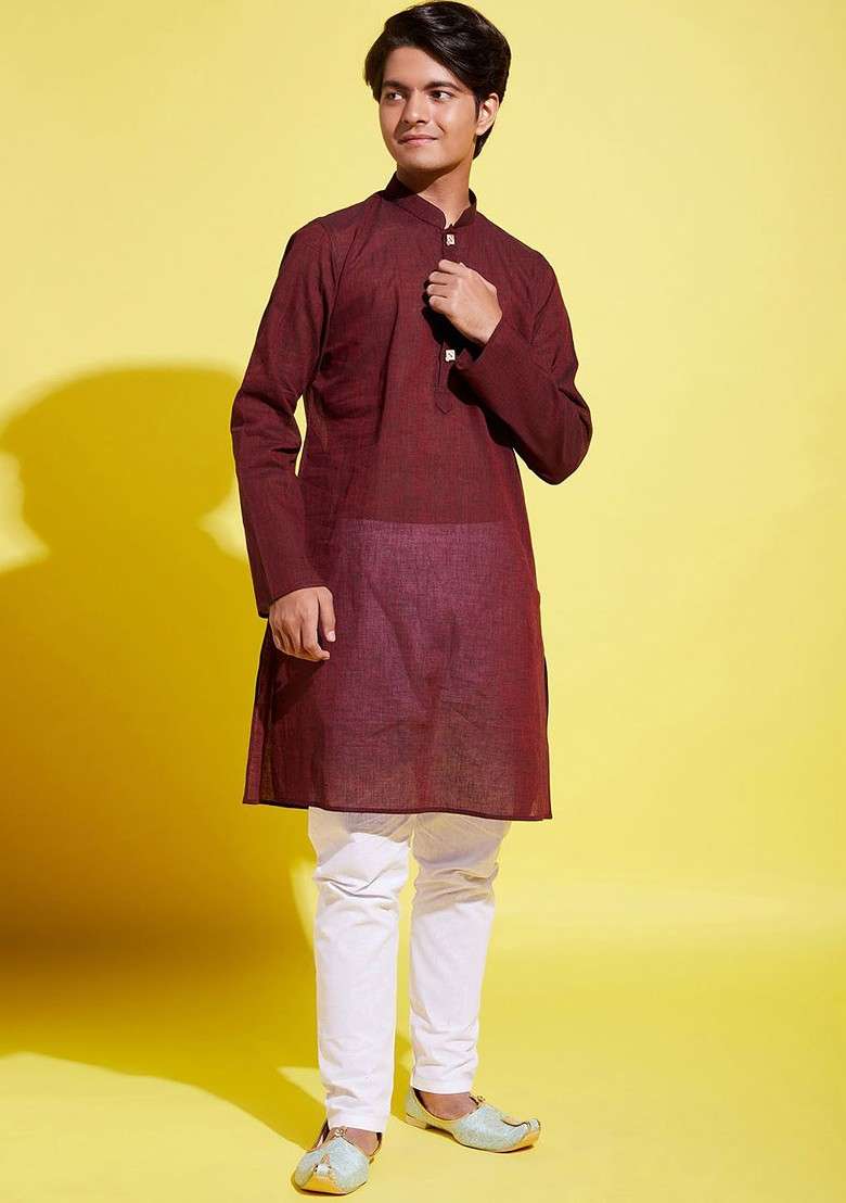 Boys Maroon Pure Cotton Kurta With Trouser - Indya