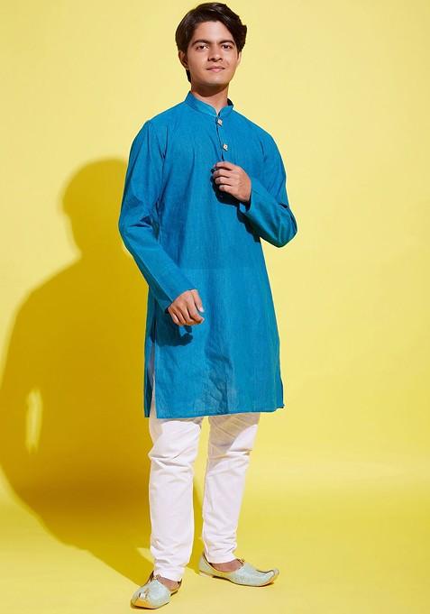 Boys Blue Striped Pure Cotton Kurta With Pyjamas — view on Indya