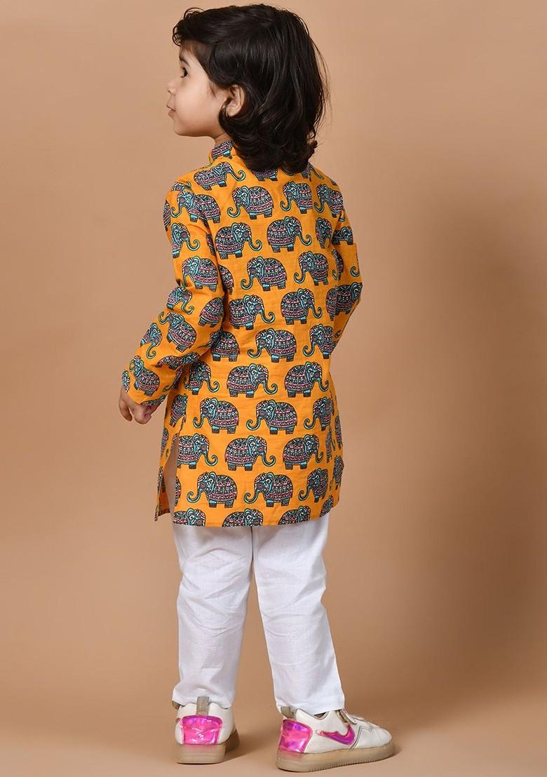 Boys Animal Printed Regular Pure Cotton Straight Kurta With Pyjamas - Indya