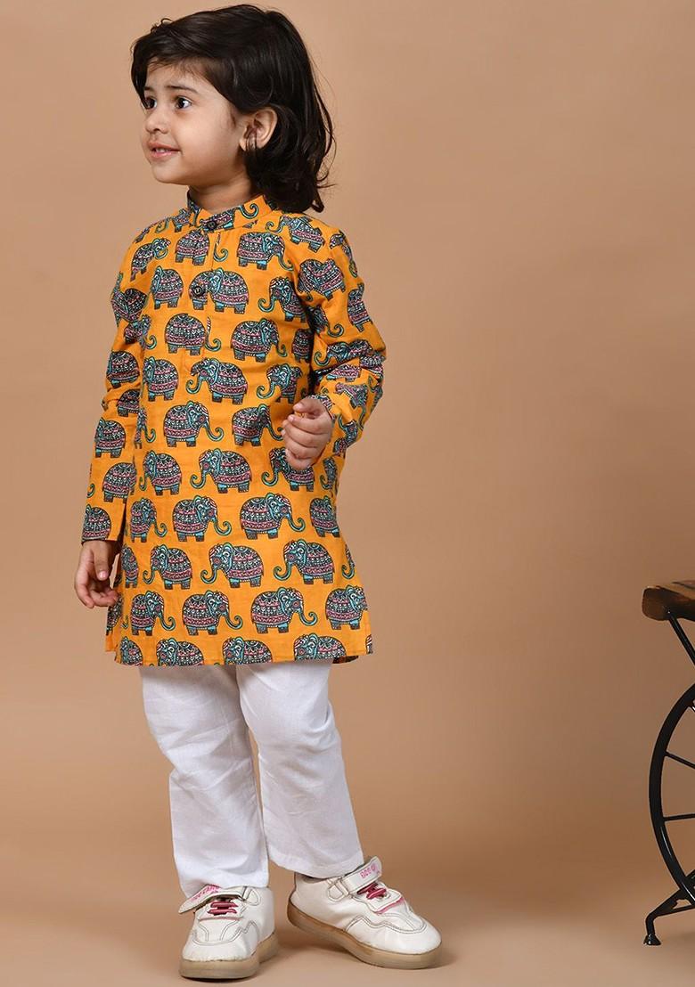Boys Animal Printed Regular Pure Cotton Straight Kurta With Pyjamas - Indya