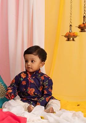 Boys Floral Printed Mandarin Collar Kurta Set