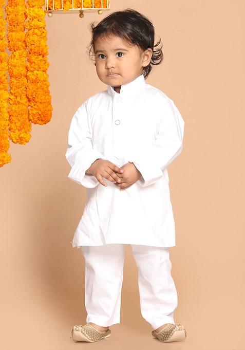 Boys White Pure Cotton Kurta With Pyjama Set — view on Indya