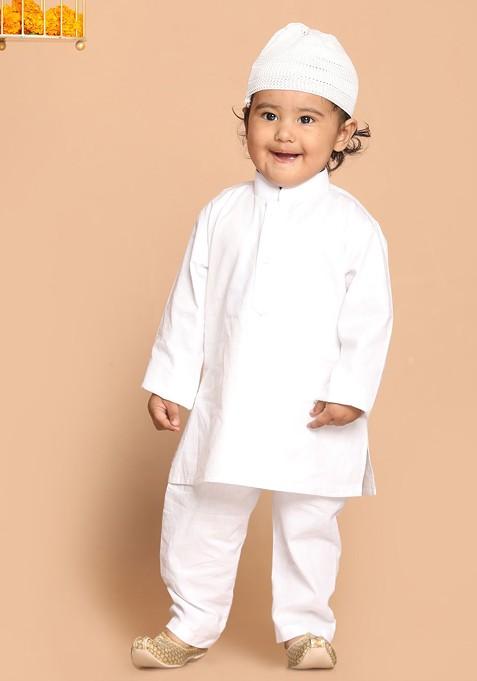 Boys White Pure Cotton Solid Kurta Pyjama Set — view on Indya