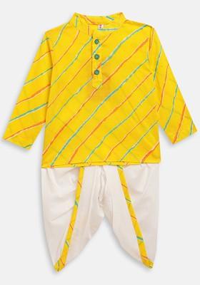 Yellow Printed Cotton Kurta Dhoti Set For Boys