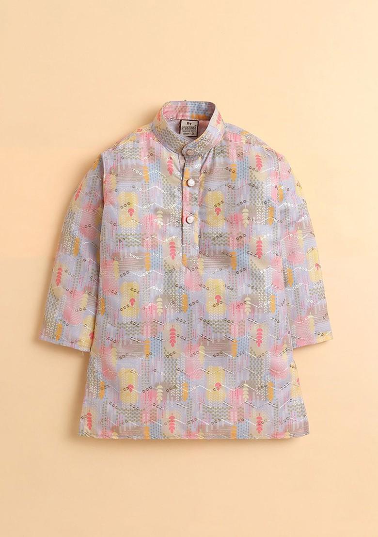 Peach Printed Blended Kurta Set For Boys - Indya