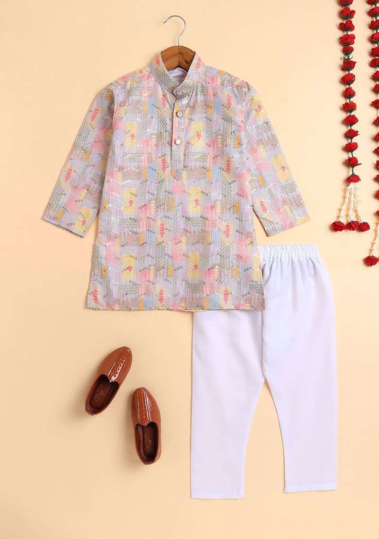 Peach Printed Blended Kurta Set For Boys - Indya