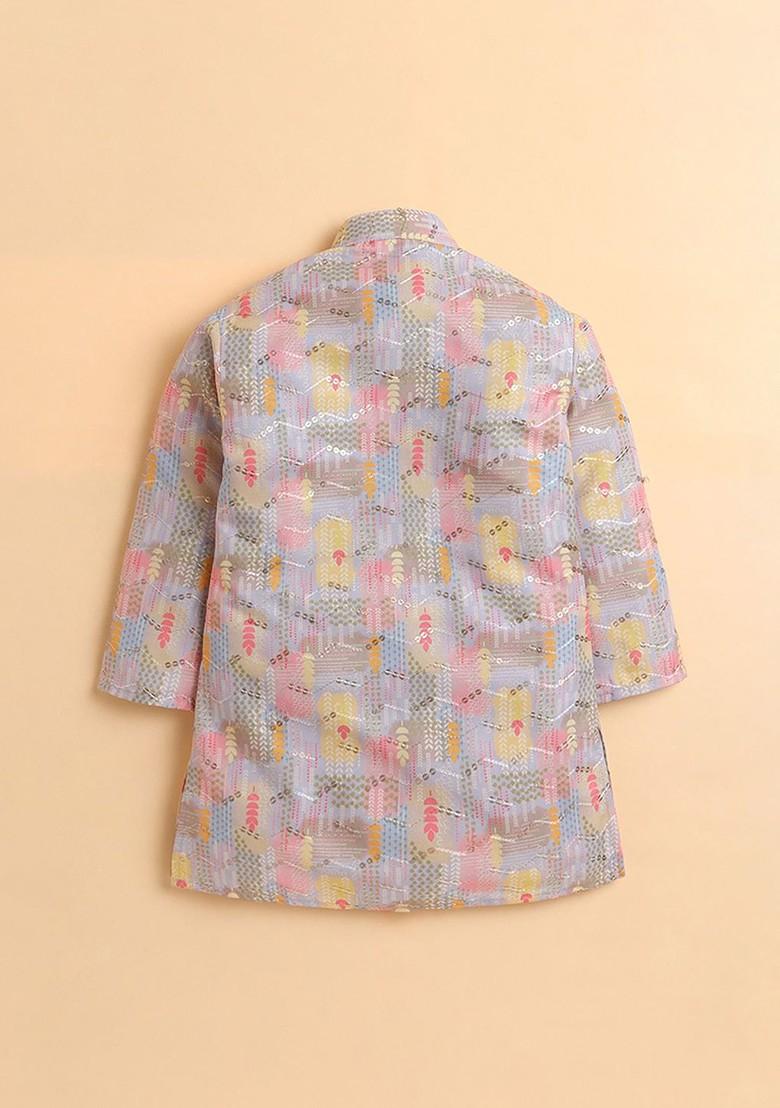 Peach Printed Blended Kurta Set For Boys - Indya