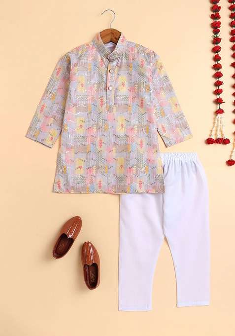 Peach Printed Blended Kurta Set For Boys