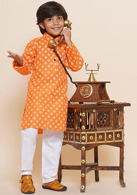 Orange Printed Cotton Kurta Set For Boys