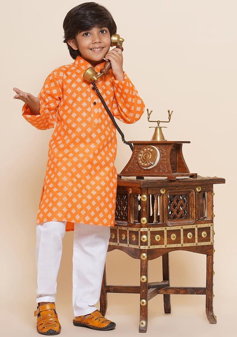 Orange Printed Cotton Kurta Set For Boys - Indya