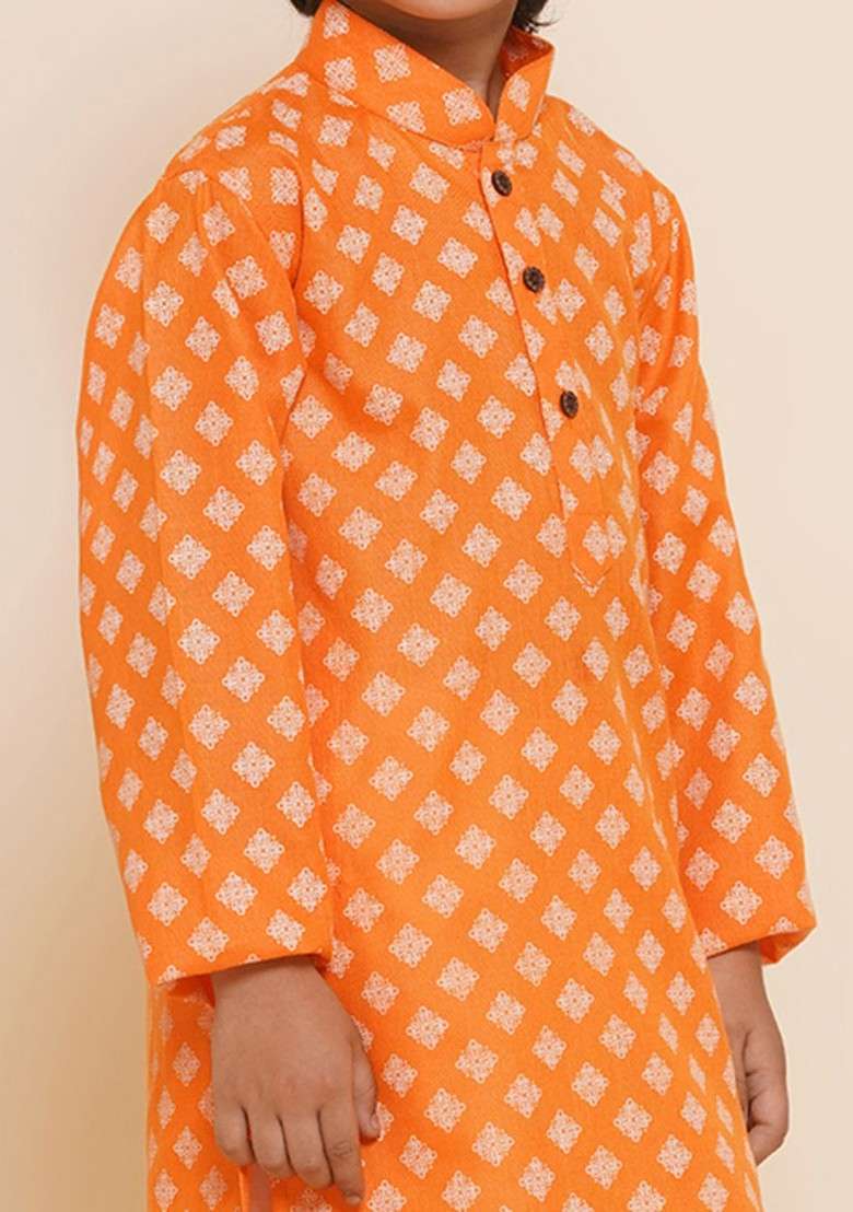 Orange Printed Cotton Kurta Set For Boys - Indya