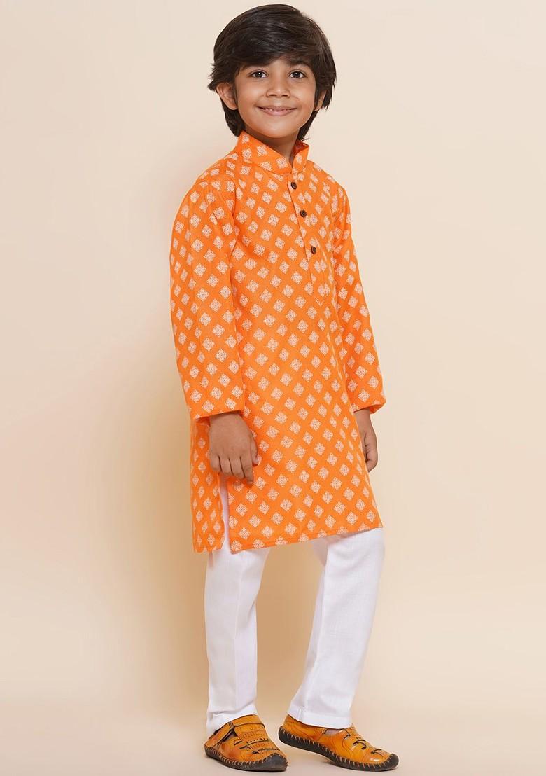 Orange Printed Cotton Kurta Set For Boys - Indya