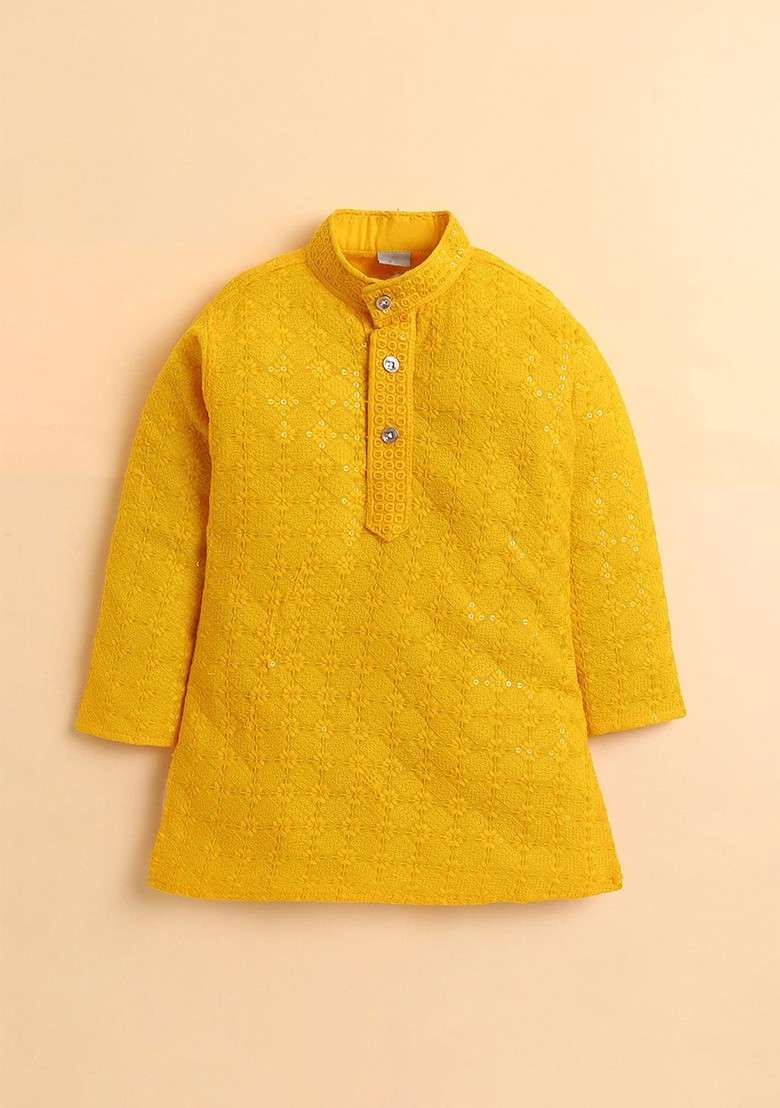 Yellow Embroidered Blended Kurta Set For Boys - Indya