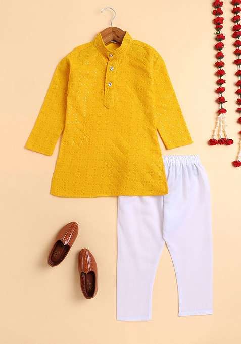 Yellow Embroidered Blended Kurta Set For Boys