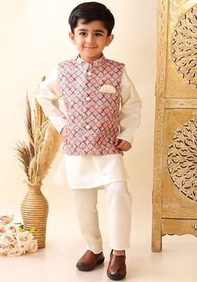 Cream Gotta Patti Work Cotton Kurta Set For Boys