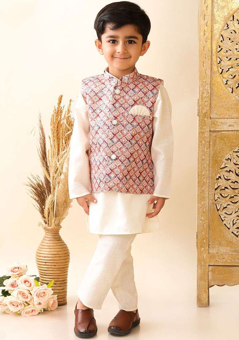 Cream Gotta Patti Work Cotton Kurta Set For Boys - Indya