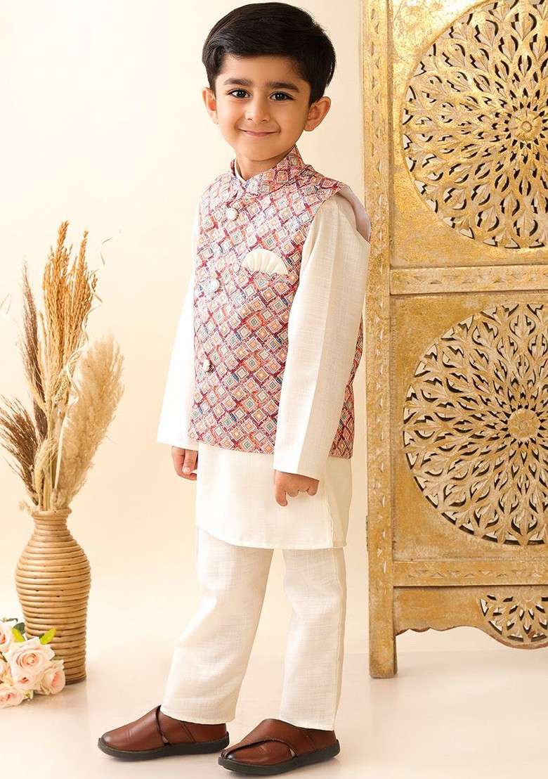 Cream Gotta Patti Work Cotton Kurta Set For Boys - Indya