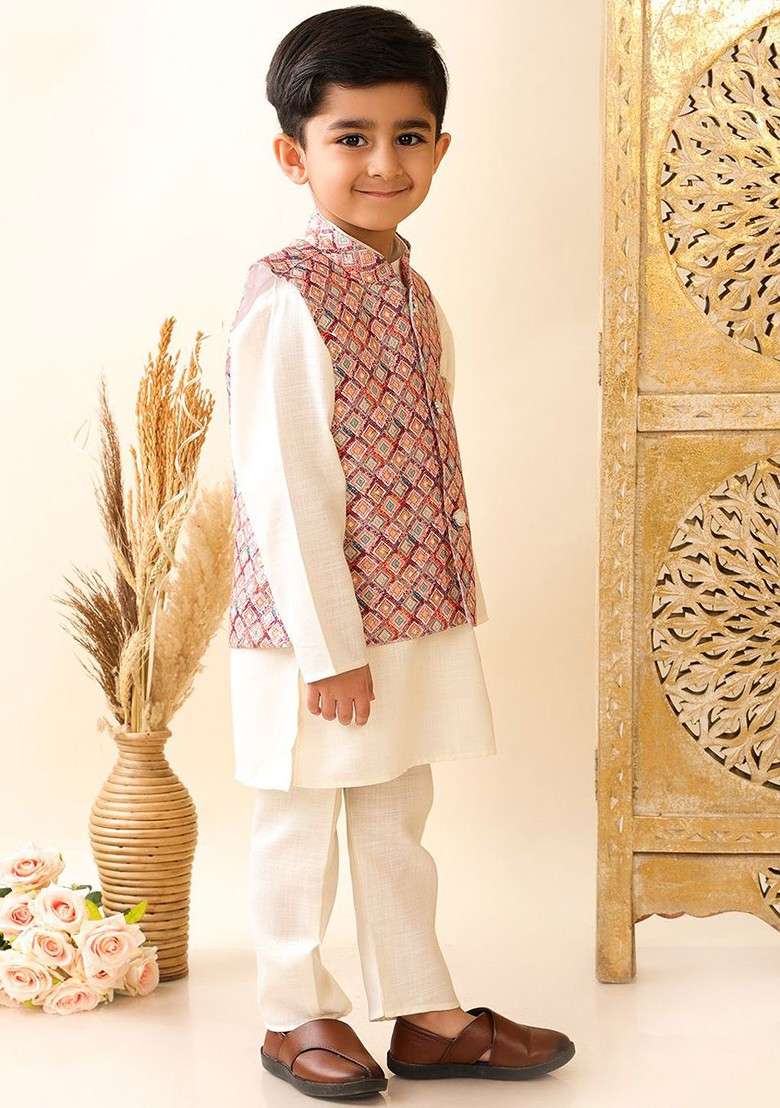 Cream Gotta Patti Work Cotton Kurta Set For Boys - Indya