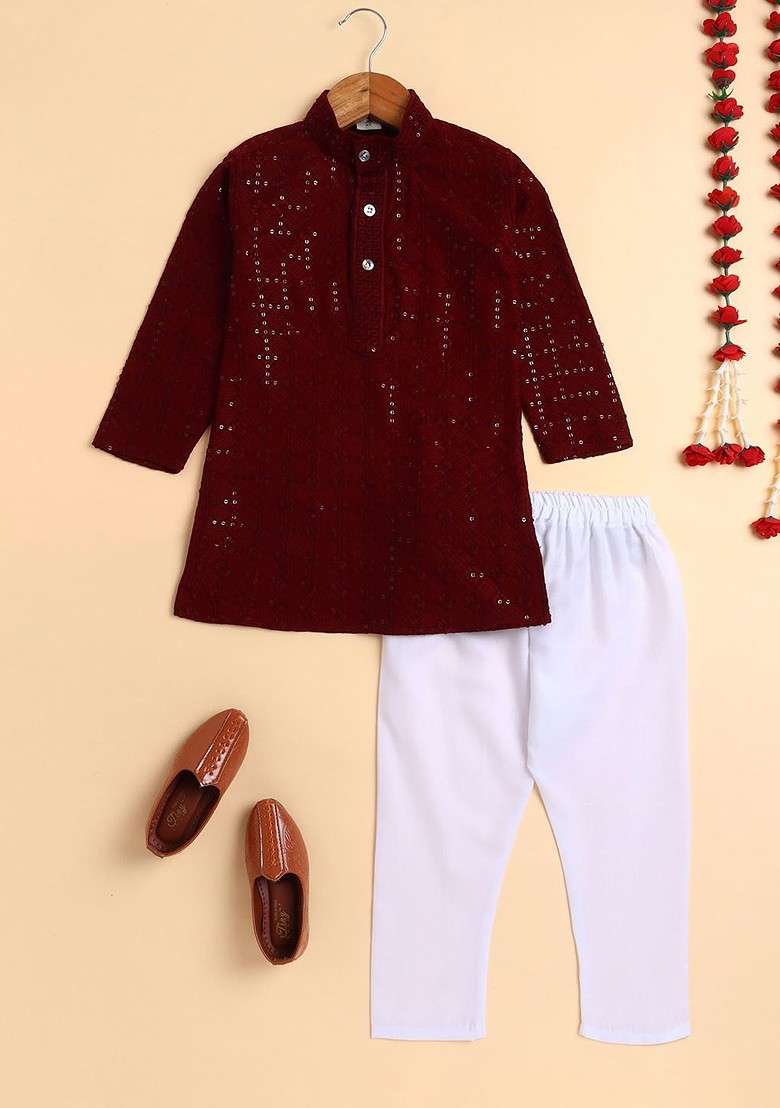 Maroon Embroidered Blended Kurta Set For Boys - Indya