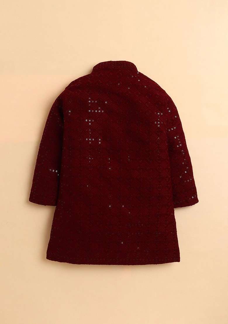Maroon Embroidered Blended Kurta Set For Boys - Indya