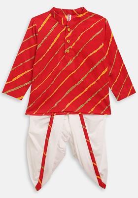 Red Printed Cotton Kurta Dhoti Set For Boys