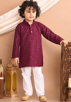 Purple Embroidered Blended Kurta Set For Boys