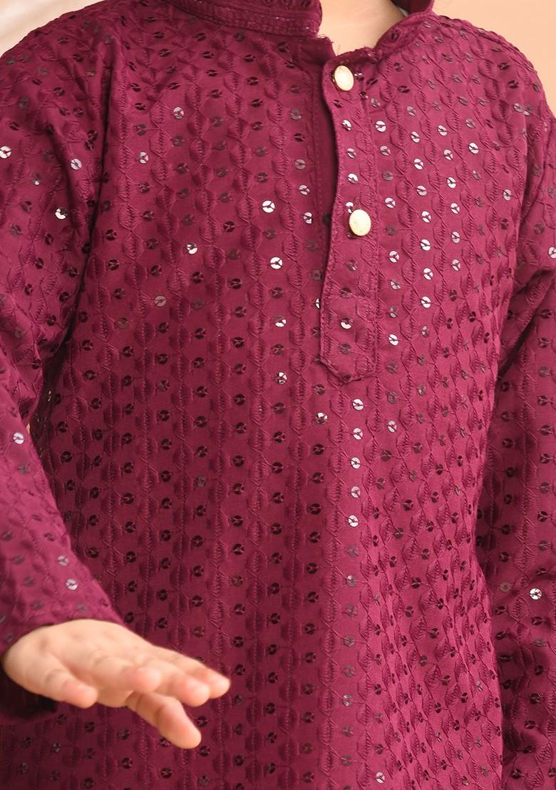 Purple Embroidered Blended Kurta Set For Boys - Indya