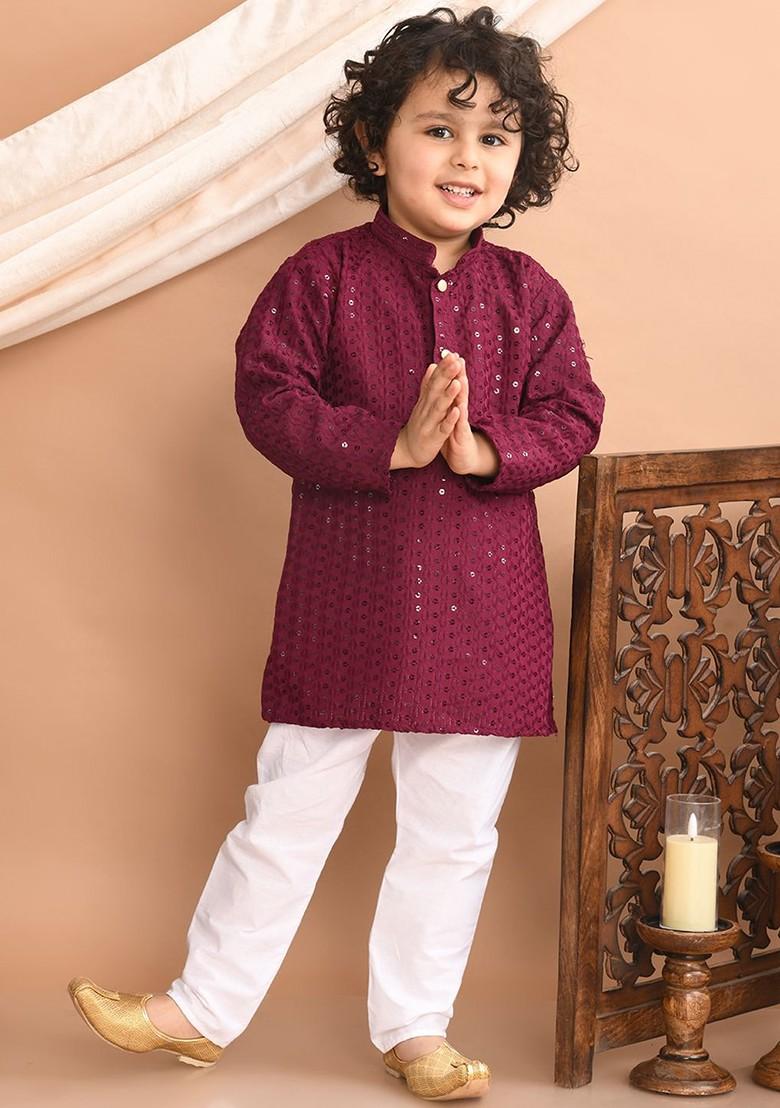 Purple Embroidered Blended Kurta Set For Boys - Indya