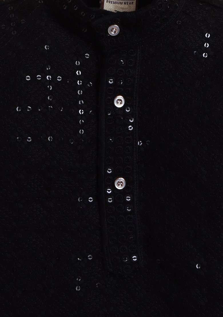 Black Embroidered Blended Kurta Set For Boys - Indya