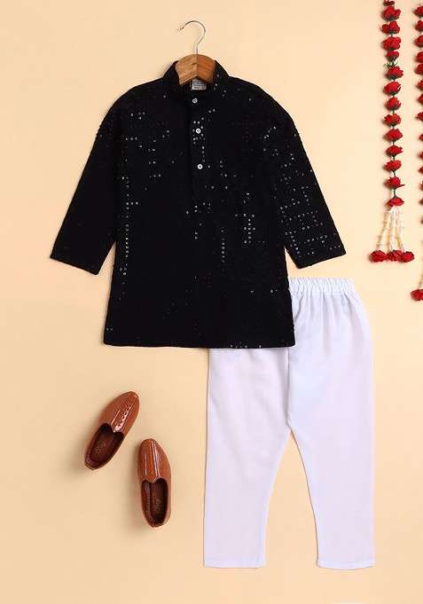 Black Embroidered Blended Kurta Set For Boys