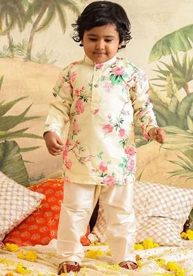 Cream Printed Blended Kurta Set For Boys