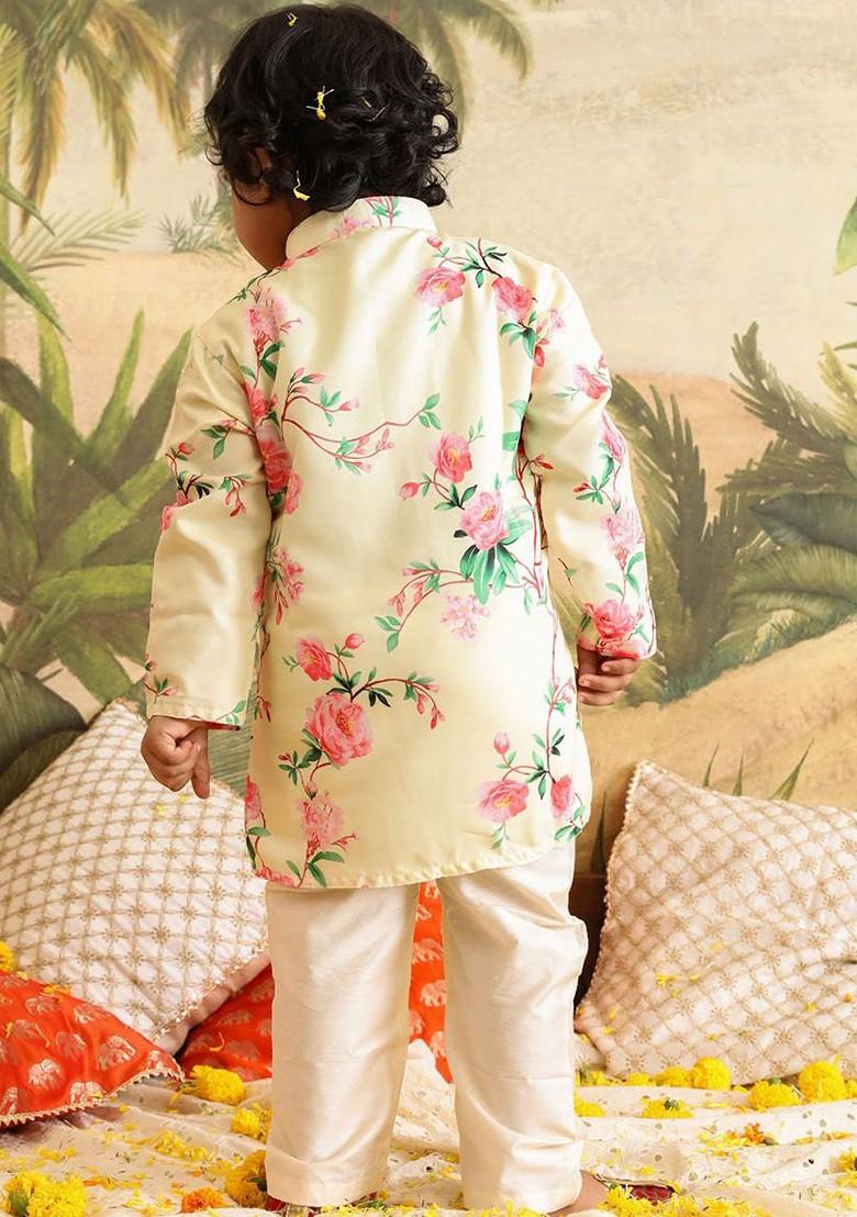 Cream Printed Blended Kurta Set For Boys - Indya