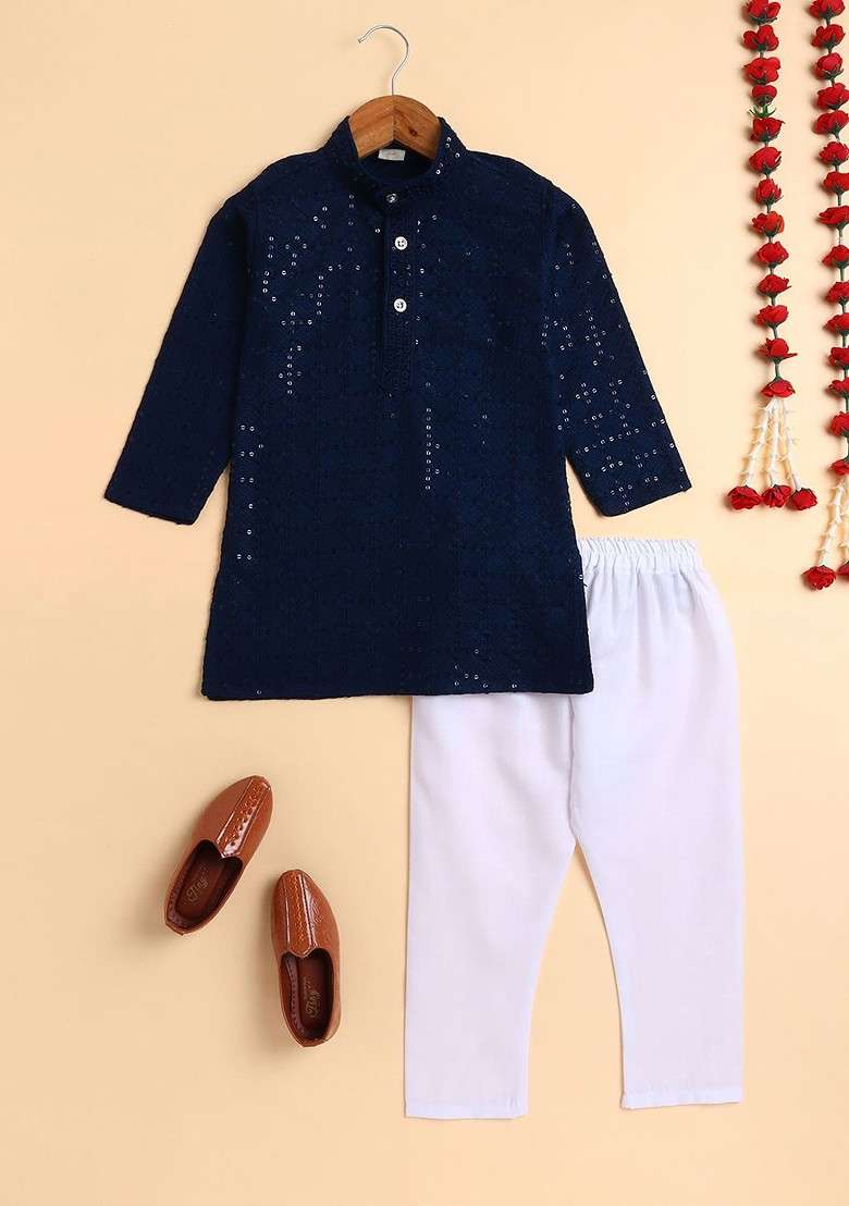 Blue Embroidered Blended Kurta Set For Boys - Indya