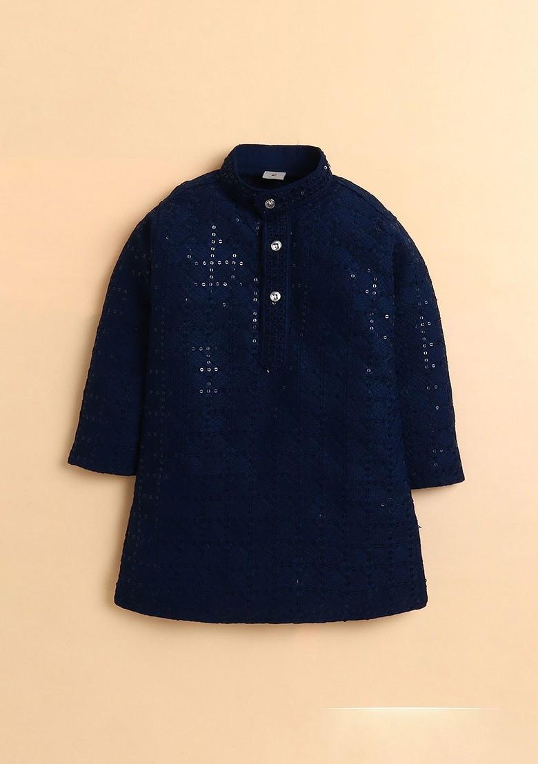 Blue Embroidered Blended Kurta Set For Boys - Indya