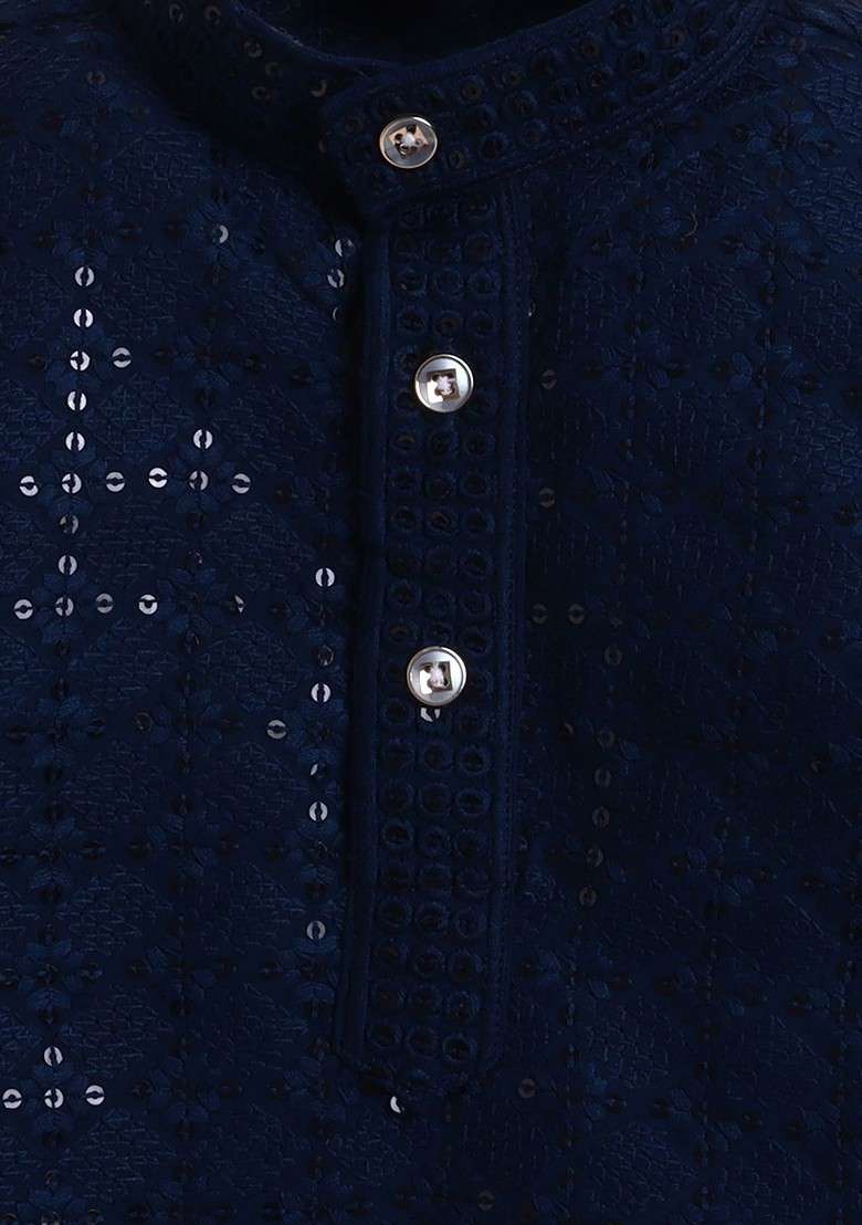 Blue Embroidered Blended Kurta Set For Boys - Indya