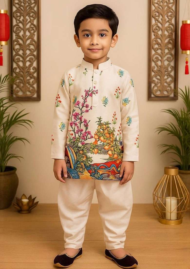 Cream Embroidered Cotton Kurta Set For Boys - Indya