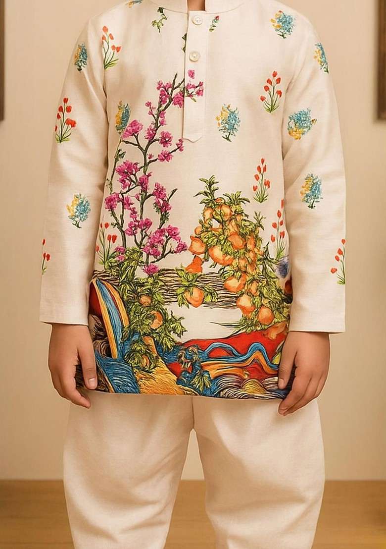 Cream Embroidered Cotton Kurta Set For Boys - Indya