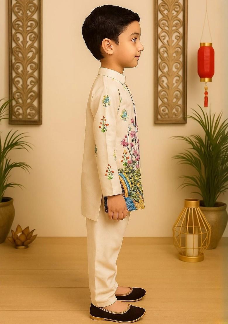 Cream Embroidered Cotton Kurta Set For Boys - Indya