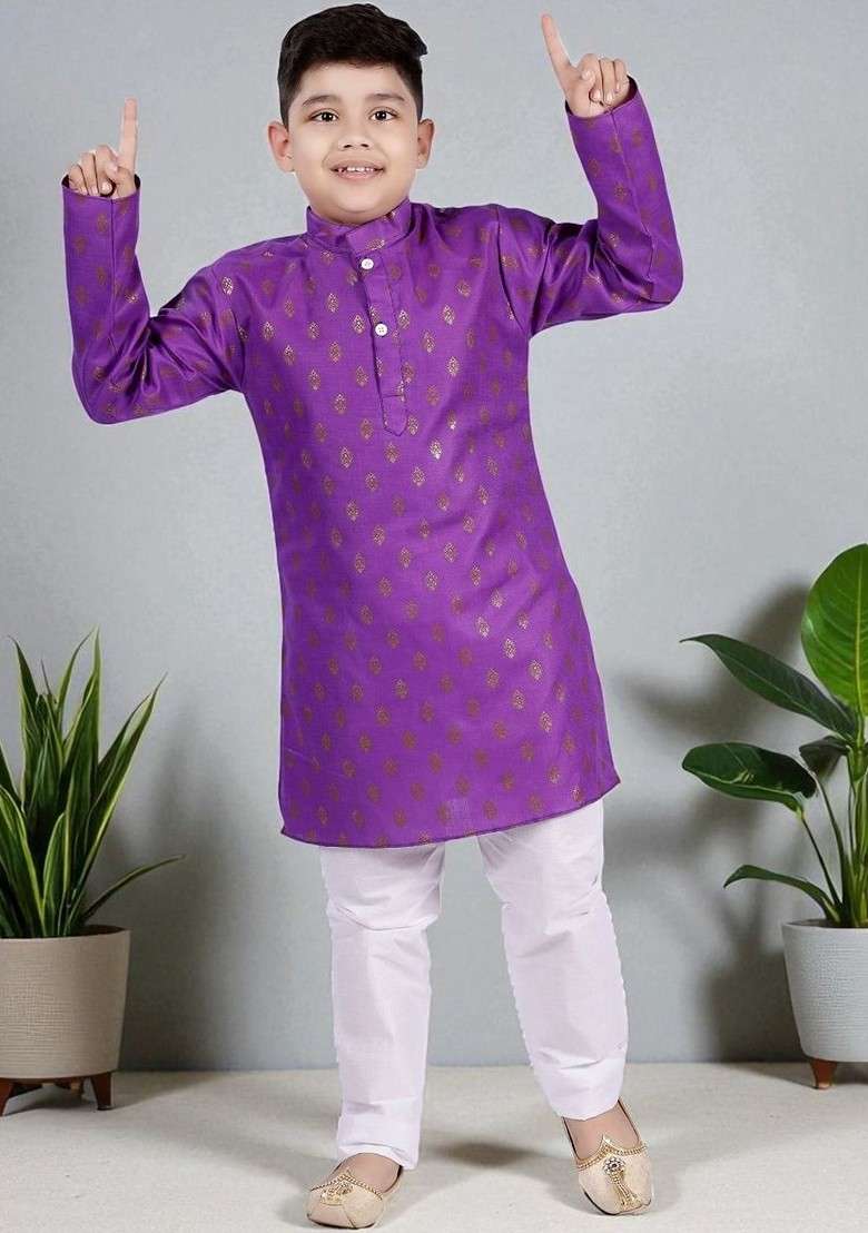 Purple Printed Blended Kurta Set For Boys - Indya