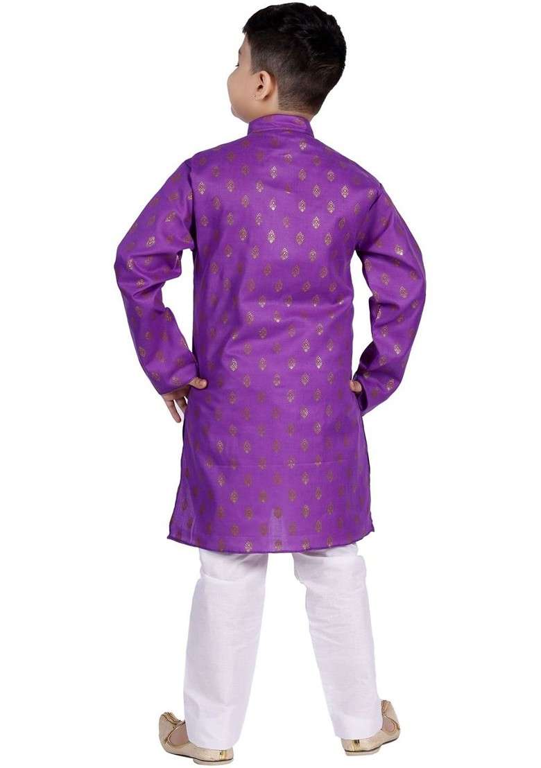 Purple Printed Blended Kurta Set For Boys - Indya