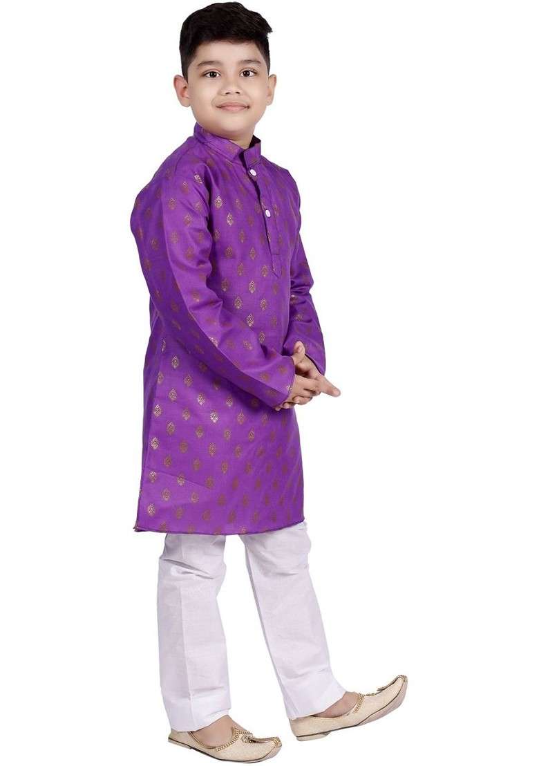 Purple Printed Blended Kurta Set For Boys - Indya