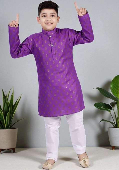 Purple Printed Blended Kurta Set For Boys