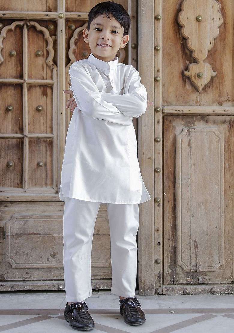 White Embroidered Cotton Kurta Set For Boys - Indya