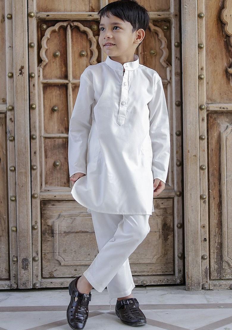 White Embroidered Cotton Kurta Set For Boys - Indya
