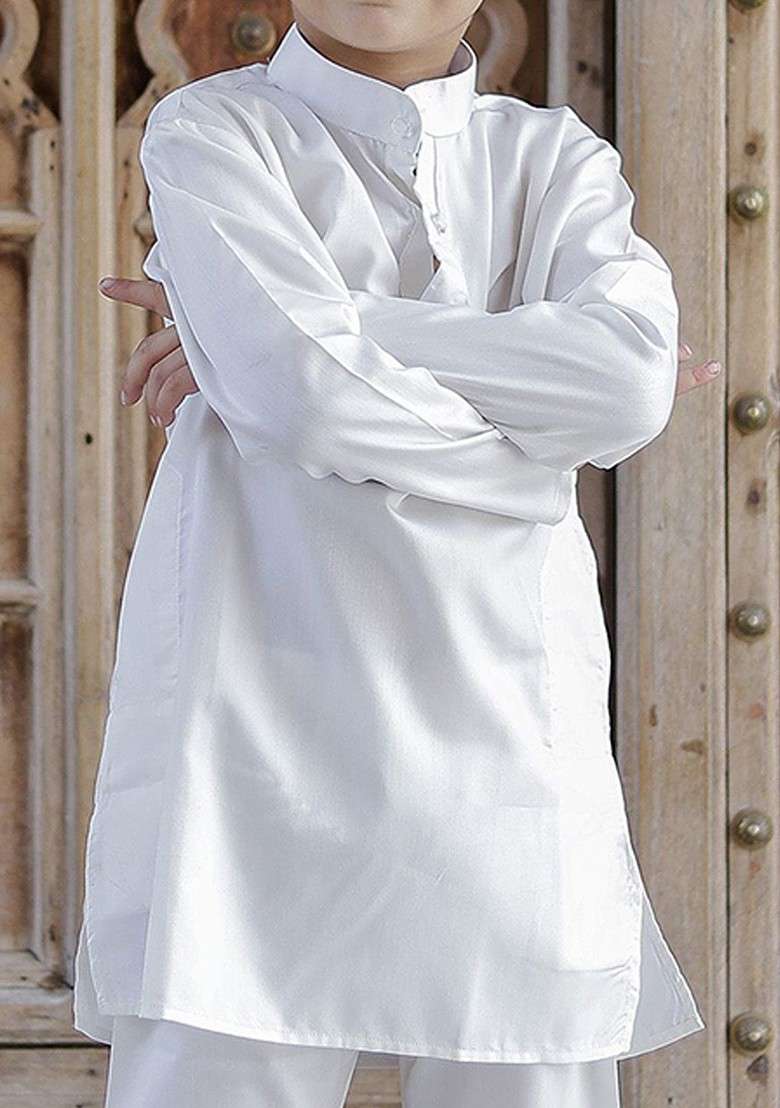 White Embroidered Cotton Kurta Set For Boys - Indya