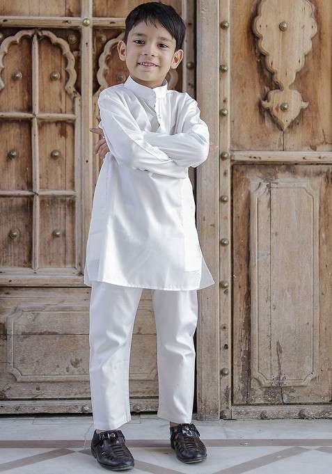 White Embroidered Cotton Kurta Set For Boys