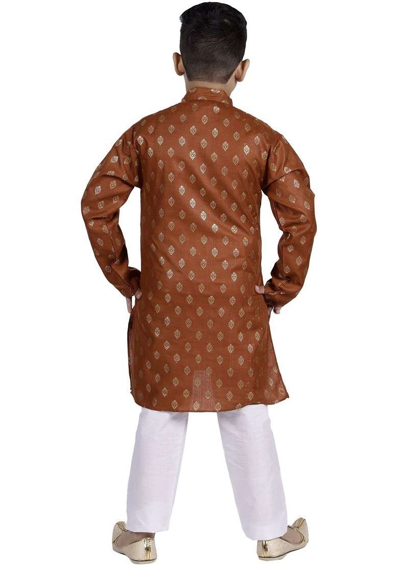 Brown Printed Blended Kurta Set For Boys - Indya